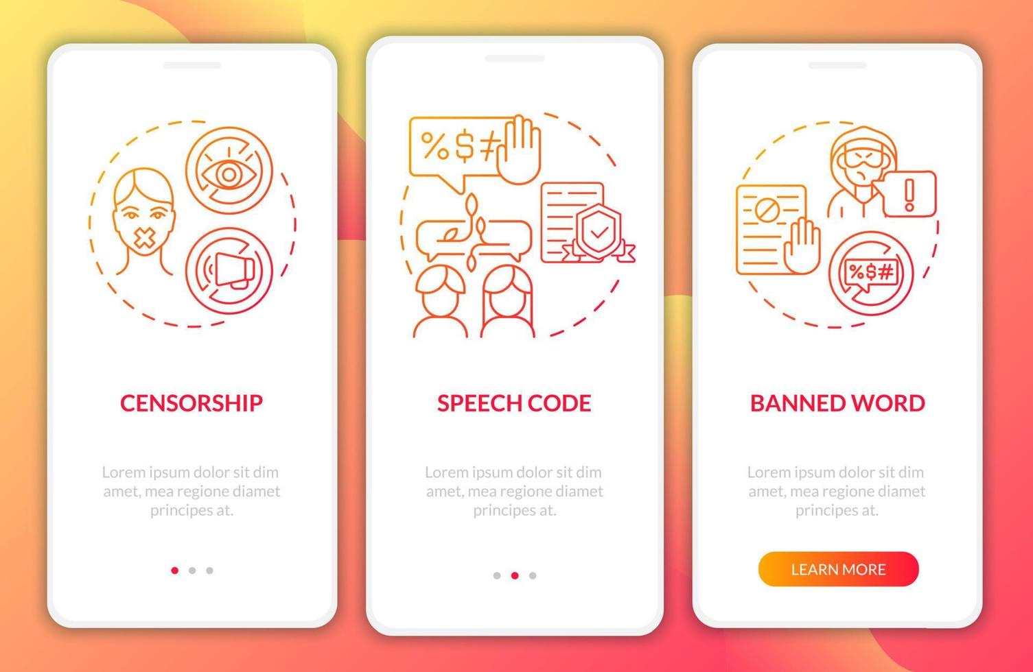 Policies on hate speech onboarding mobile app page screen. Banned word walkthrough 3 steps graphic instructions with concepts. UI, UX, GUI vector template with linear color illustrations