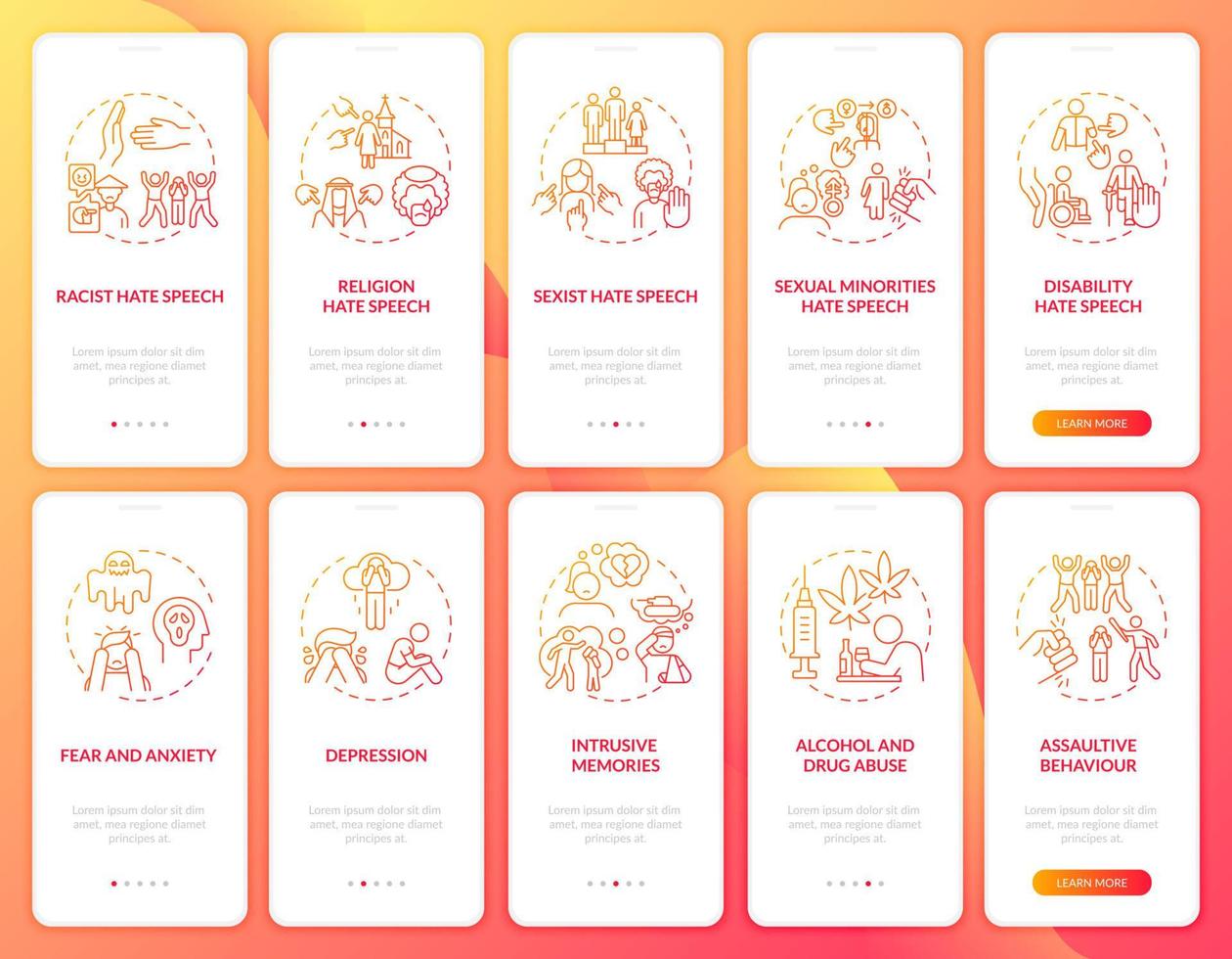 Aggression exposure onboarding mobile app page screen set. Psychological problems walkthrough 5 steps graphic instructions with concepts. UI, UX, GUI vector template with linear color illustrations