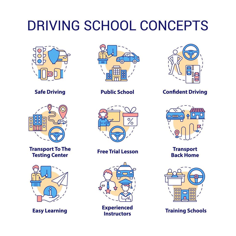 Driving school concept icons set. Car riding education idea thin line color illustrations. Learning road signs and rules. Drivers license. Vector isolated outline drawings. Editable stroke