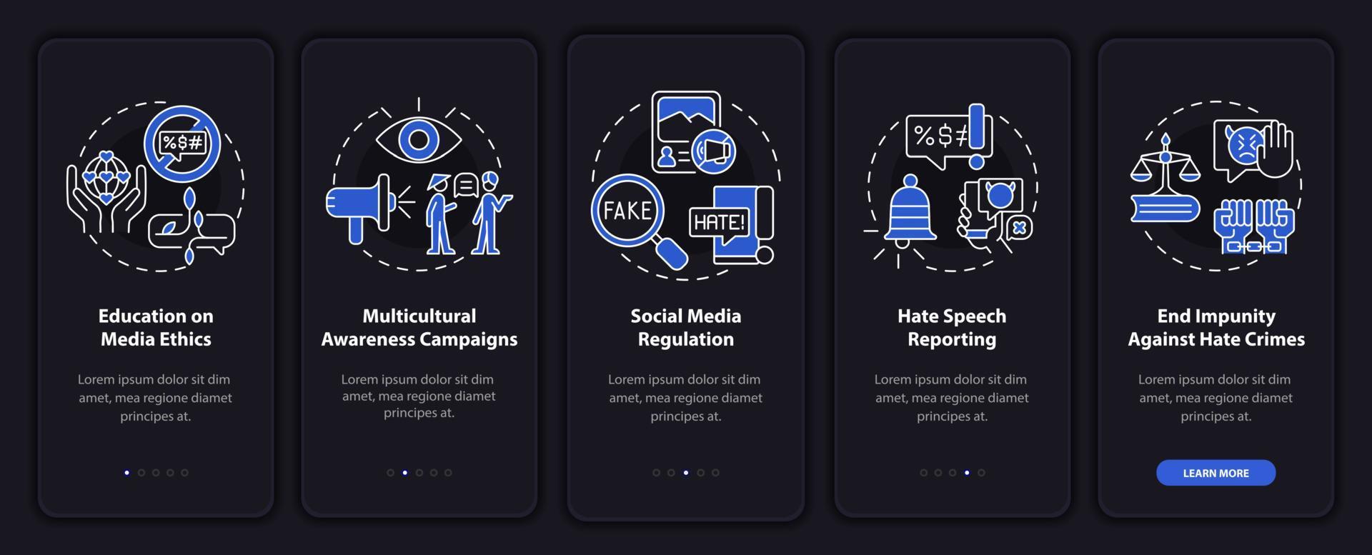 Dealing with hate speech onboarding mobile app page screen. Abuse reporting walkthrough 5 steps graphic instructions with concepts. UI, UX, GUI vector template with linear night mode illustrations