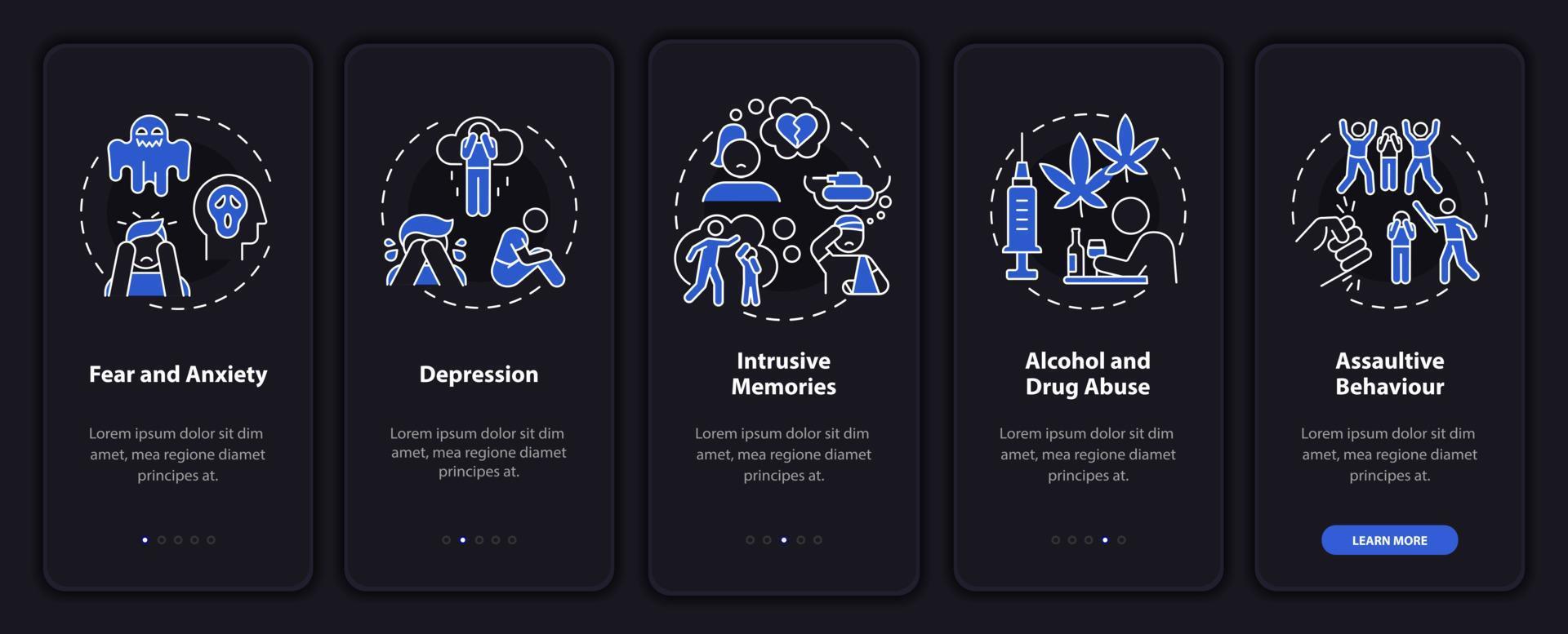 víctimas de incitación al odio que incorporan la pantalla de la página de la aplicación móvil. Tutorial de memorias intrusivas Instrucciones gráficas de 5 pasos con conceptos. ui, ux, plantilla de vector de interfaz gráfica de usuario con ilustraciones lineales en modo nocturno