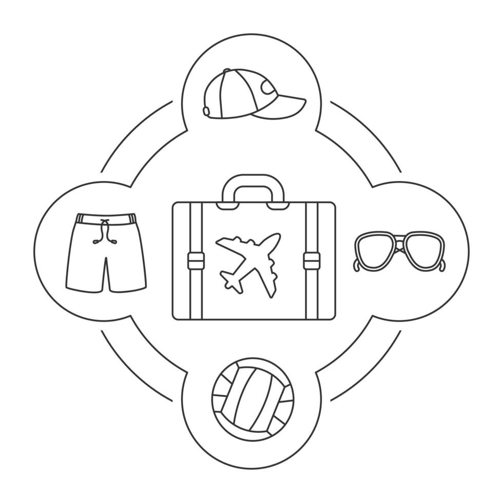 Tourist's suitcase contents linear icons set. Cap, sunglasses, volleyball ball, swimming trunks. Isolated vector illustrations