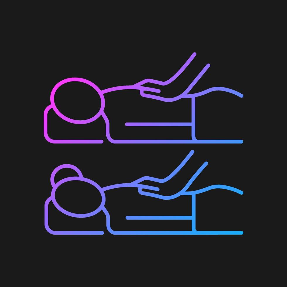 parejas masaje icono de vector degradado para tema oscuro. aumentar la vinculación en la relación. camillas de masaje de lado a lado. símbolo de color de línea delgada. pictograma de estilo moderno. dibujo de contorno aislado vectorial