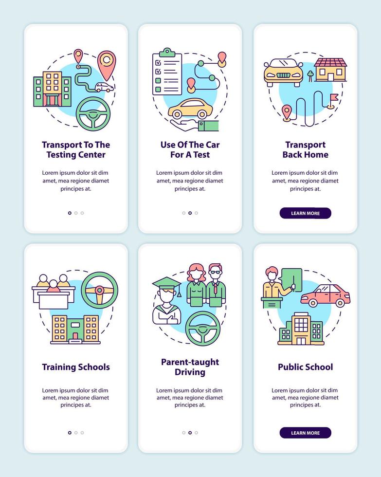 Driver education offers onboarding mobile app page screen set. Course for teens walkthrough 3 steps graphic instructions with concepts. UI, UX, GUI vector template with linear color illustrations