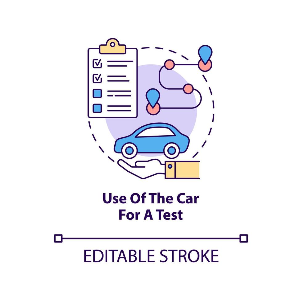 Use of car for test concept icon. Road examination service abstract idea thin line illustration. Driving school. Automobile riding course. Vector isolated outline color drawing. Editable stroke