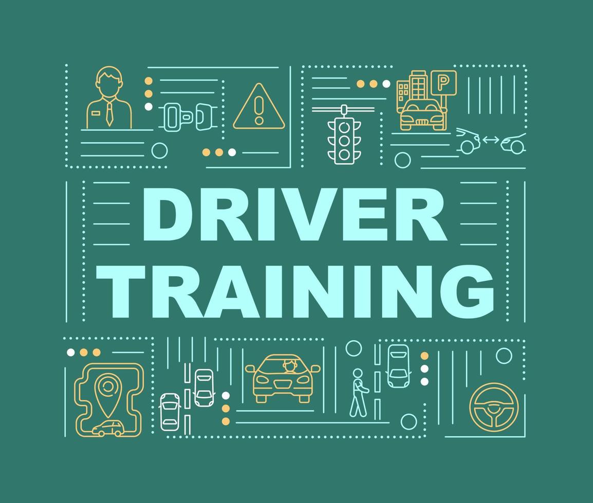 Drivers training word concepts banner. Practicing car riding. Infographics with linear icons on green background. Isolated creative typography. Vector outline color illustration with text