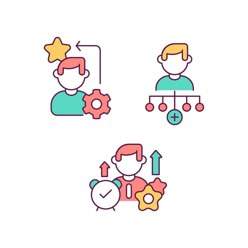 Career advancement RGB color icons set. Successful strategies for rofessional growth. Emploee developing skills. Isolated vector illustrations. Simple filled line drawings collection