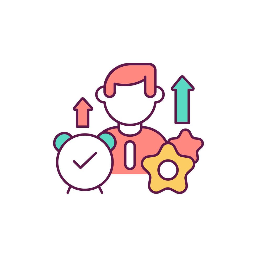 mejorar la gestión del tiempo icono de color rgb. Habilidades profesionales para que los empleados aumenten la productividad. superación personal para una mayor eficiencia. ilustración vectorial aislada. dibujo lineal relleno simple vector