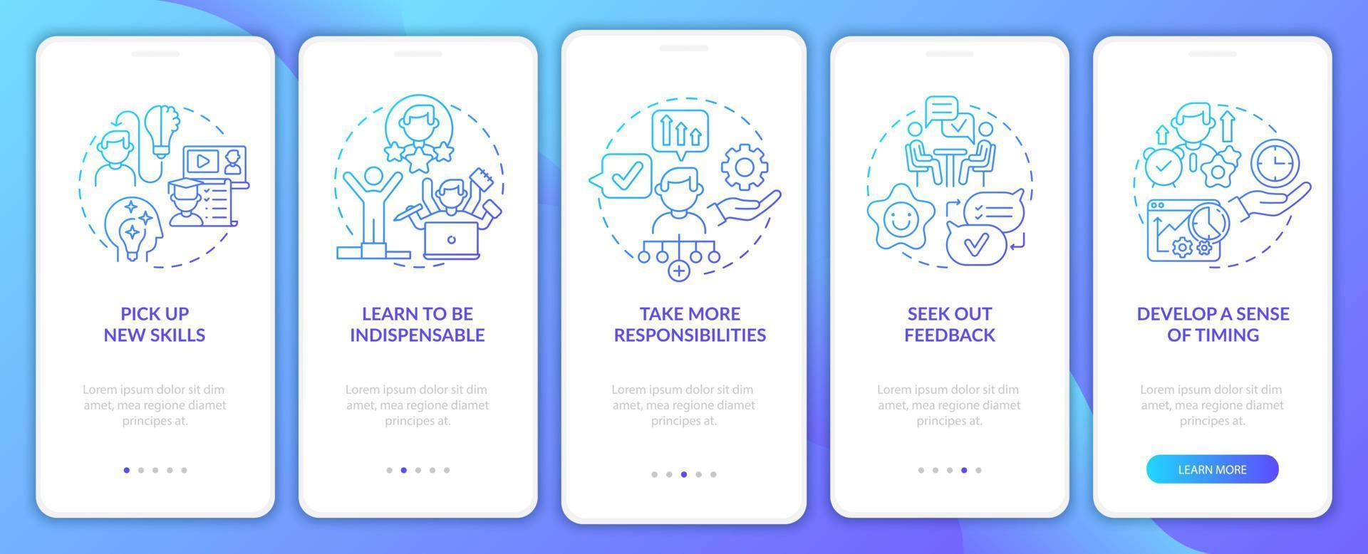 Career advancement process gradient onboarding mobile app page screen. Success walkthrough 5 steps graphic instructions with concepts. UI, UX, GUI vector template with linear color illustrations