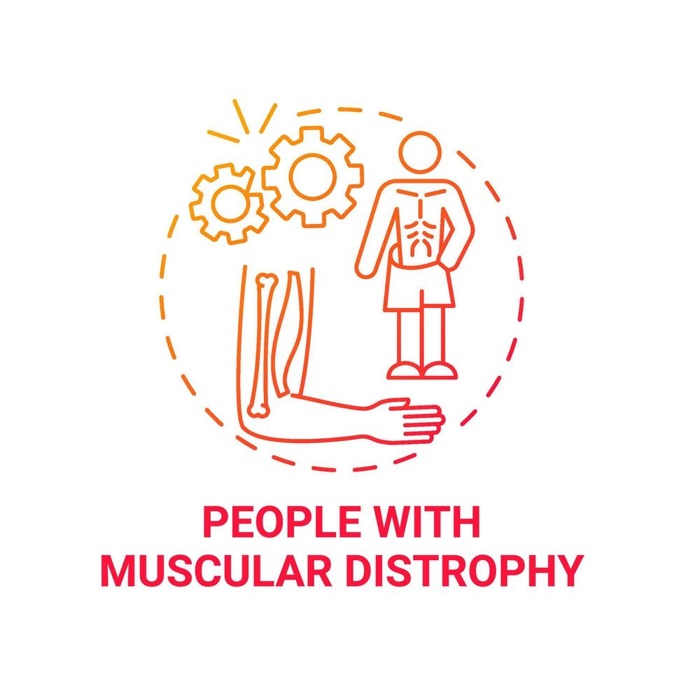 People with muscular distrophy red gradient concept icon. Pulmonary rehab abstract idea thin line illustration. Muscle weakness, loss. Genetic disorder. Vector isolated outline color drawing