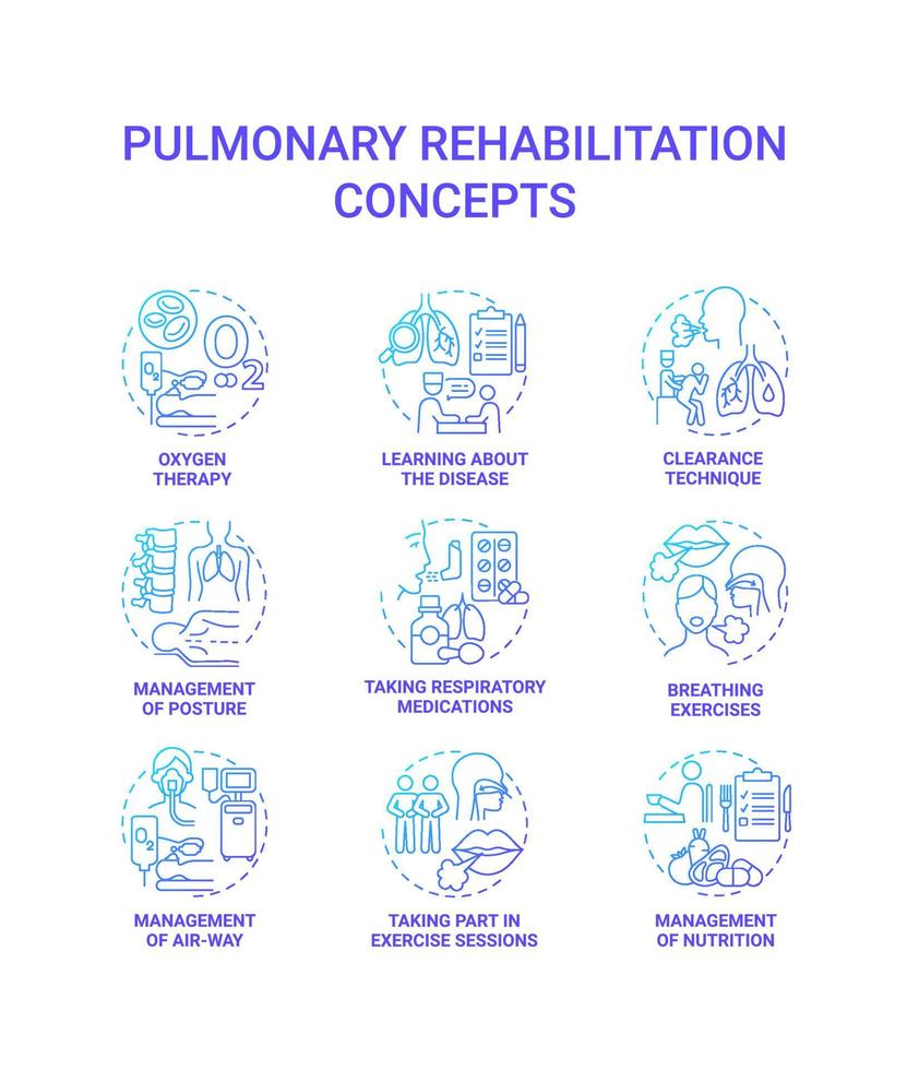 Conjunto de iconos de concepto de gradiente azul de rehabilitación pulmonar. Tratamiento de enfermedades respiratorias idea ilustraciones en color de línea fina. terapia de enfermedades pulmonares. ejercicio de respiración. dibujos de contorno aislados vectoriales vector
