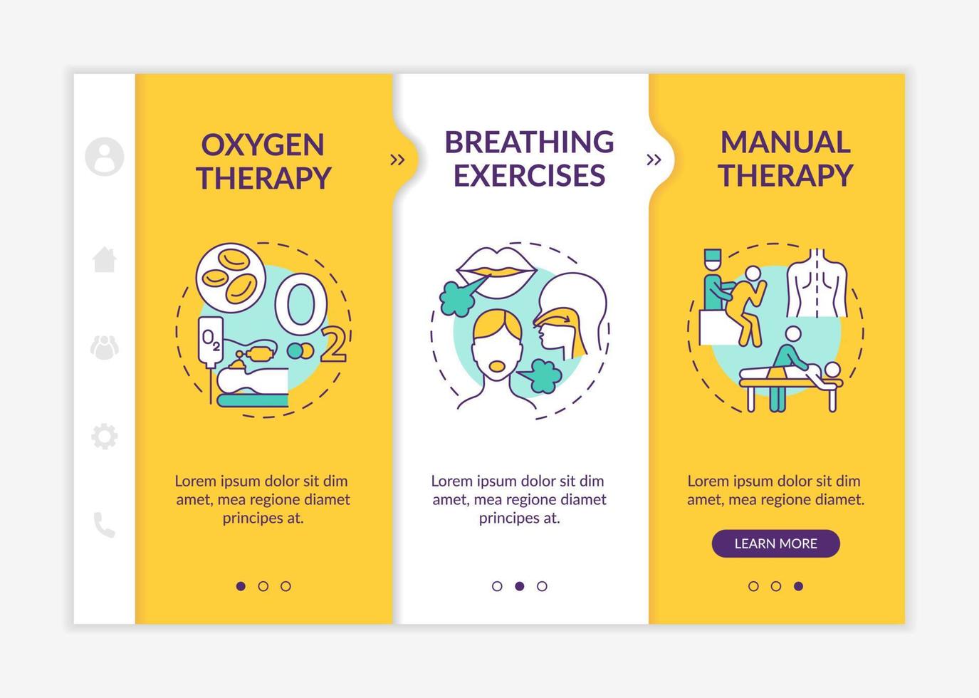 Pulmonary rehabilitation and therapy onboarding vector template. Responsive mobile website with icons. Web page walkthrough 3 step screens. Treatment methods color concept with linear illustrations