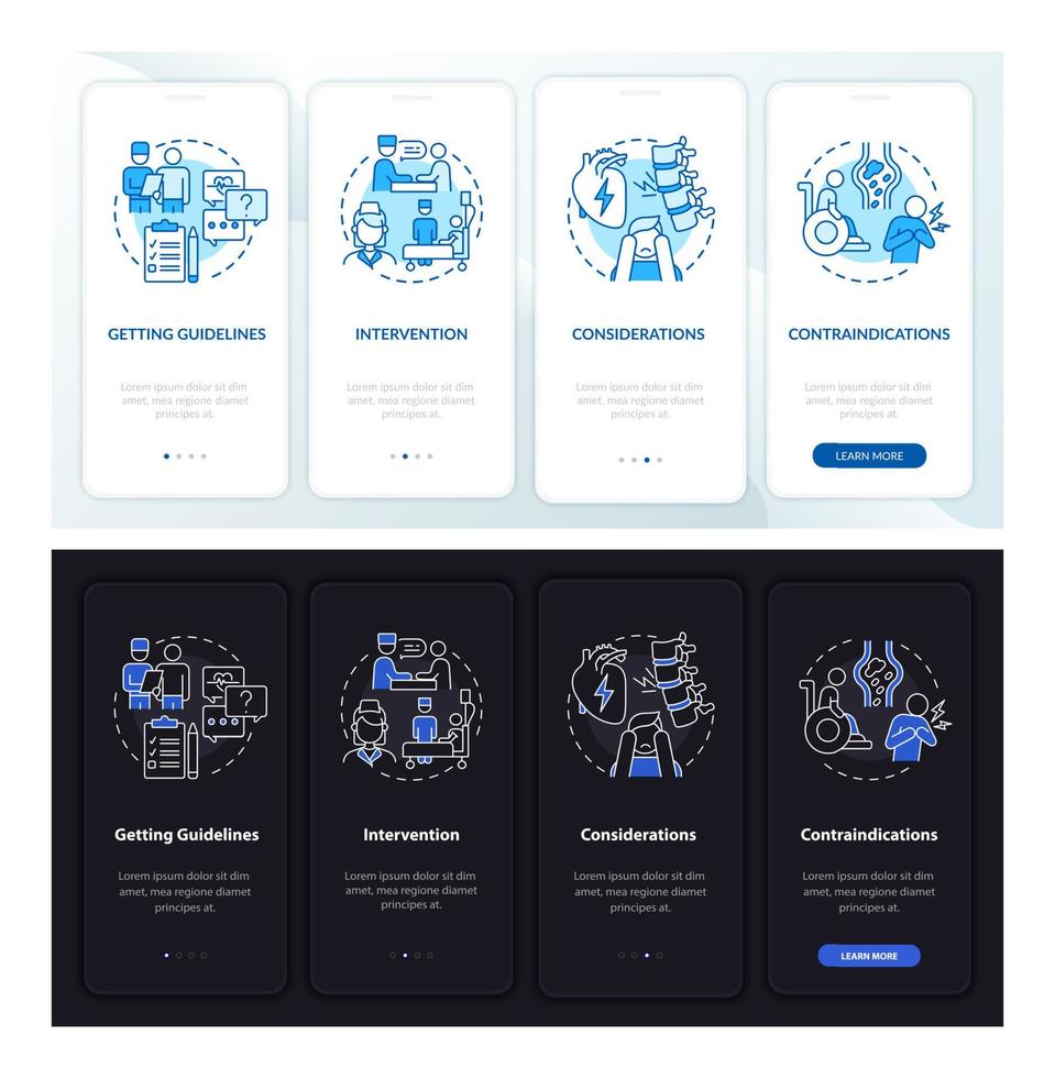 Pulmonary rehab process day, night onboarding mobile app page screen. Walkthrough 4 steps graphic instructions with concepts. UI, UX, GUI vector template with linear night and day mode illustrations