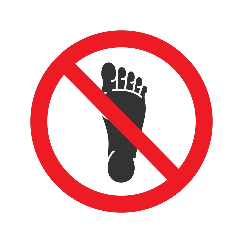 Forbidden sign with bare foot glyph icon. Human footprint in prohibition circle. Stop silhouette symbol. Negative space. Vector isolated illustration
