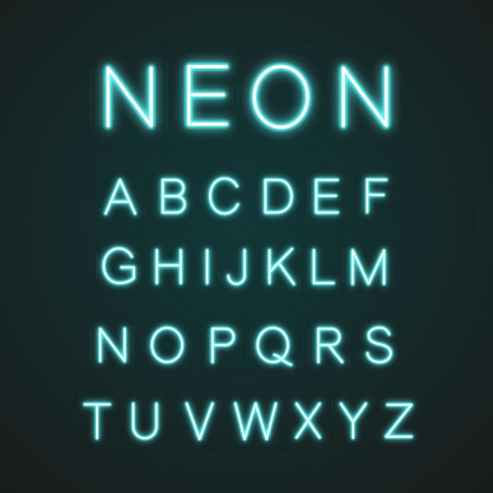 Blue alphabet neon light icons set. ABC. Glowing signs. Letters. Vector isolated illustrations