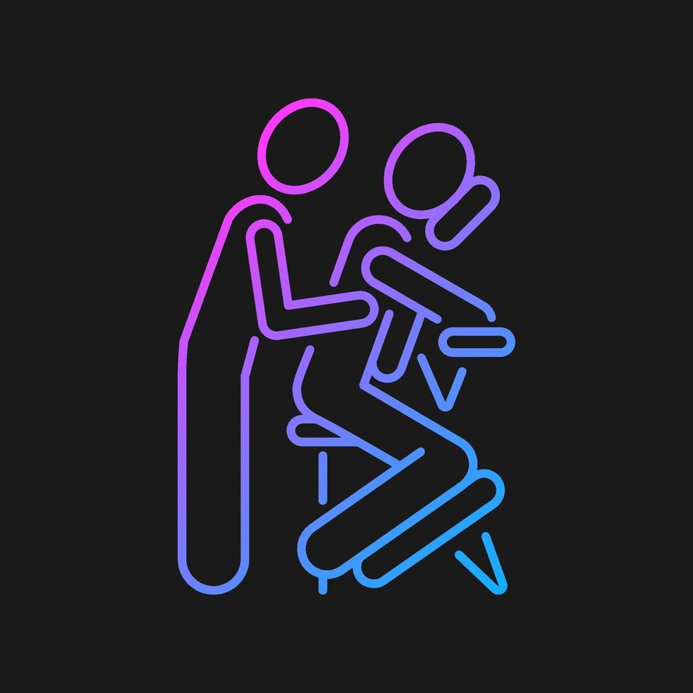 Chair massage gradient vector icon for dark theme. Performing treatment in seated position. Relax muscles in upper body. Thin line color symbol. Modern style pictogram. Vector isolated outline drawing