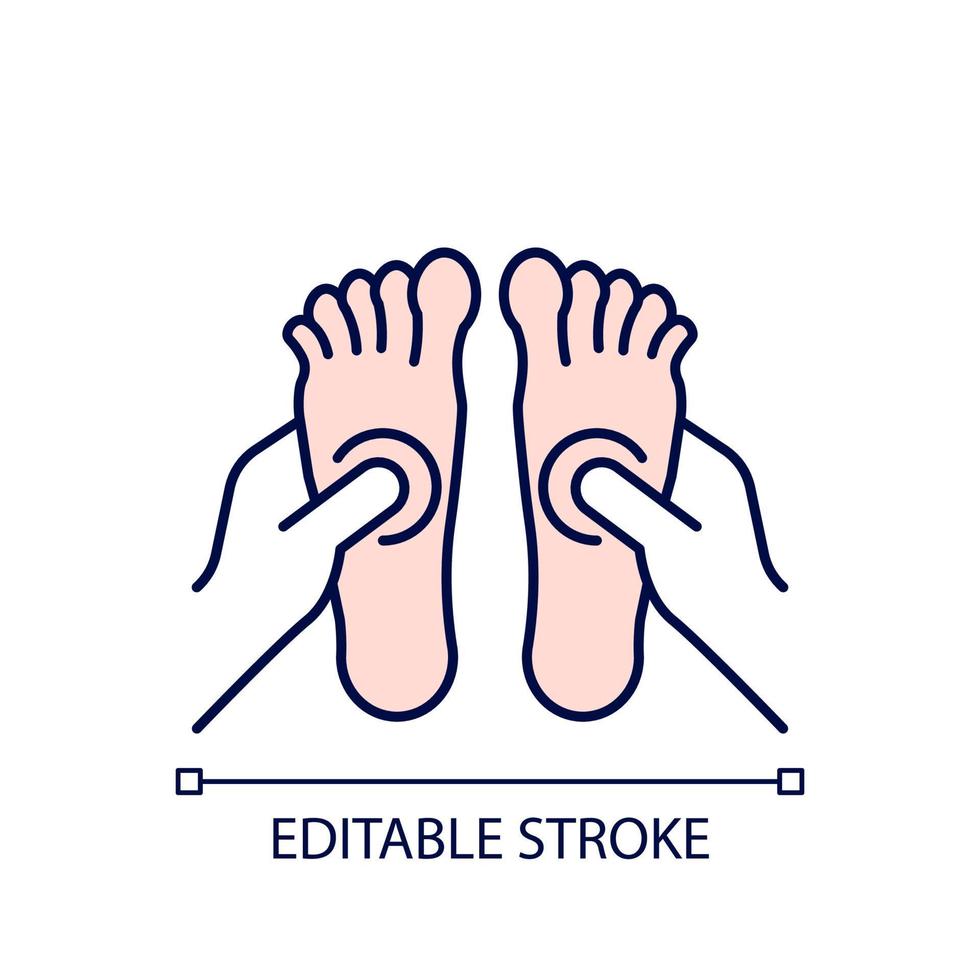 Reflexology RGB color icon. Applying pressure to feet. Therapeutic massage technique. Release energy blockages. Isolated vector illustration. Simple filled line drawing. Editable stroke