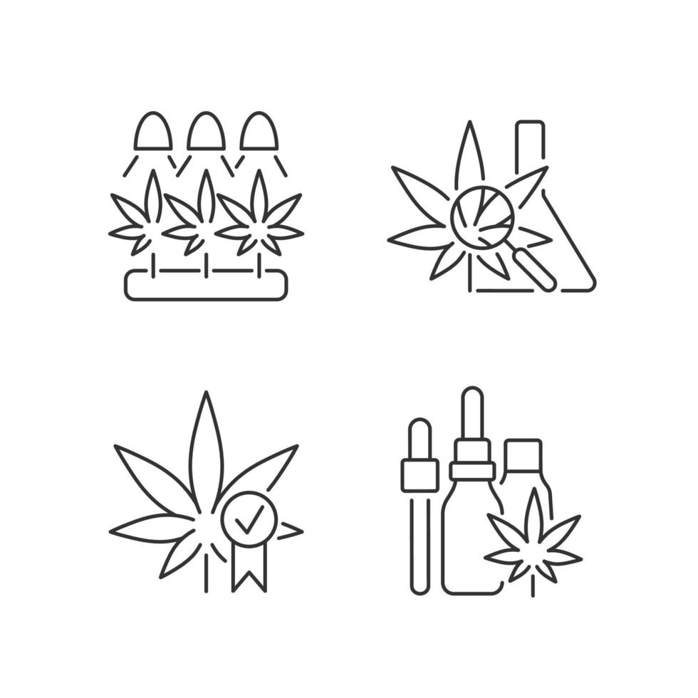 Conjunto de iconos lineales de cultivo de cannabis. investigación médica. certificacion de calidad. tintura de aceite de cáñamo. símbolos de contorno de línea fina personalizables. ilustraciones de contorno de vector aislado. trazo editable