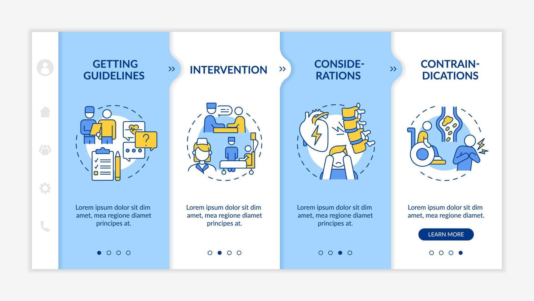 Pulmonary rehab process onboarding vector template. Responsive mobile website with icons. Web page walkthrough 4 step screens. Doctors indications color concept with linear illustrations
