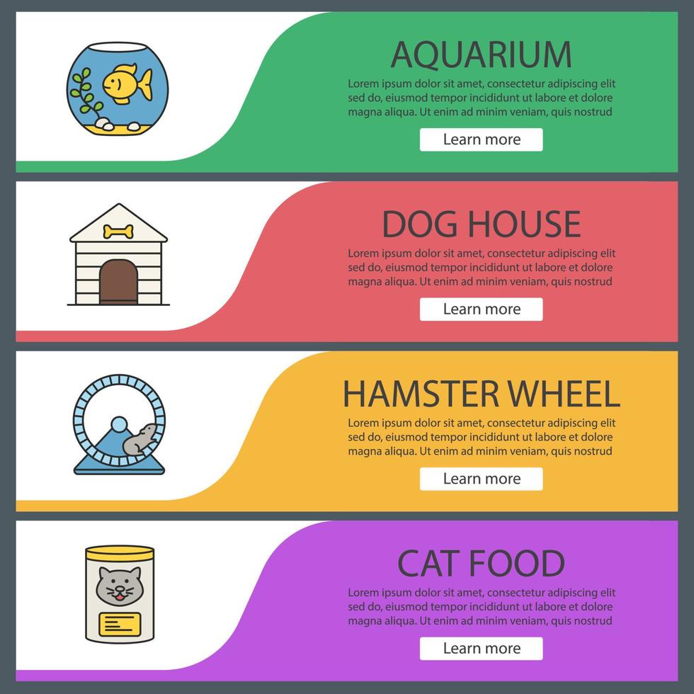 mascotas suministra conjunto de plantillas de banner web. acuario, casita para perros, rueda de hámster, comida para gatos. elementos del menú de color del sitio web. conceptos de diseño de encabezados vectoriales vector