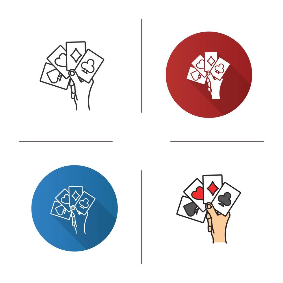 Hand holding four aces icon. Flat design, linear and color styles. Playing cards. Poker. Kare. Isolated vector illustrations