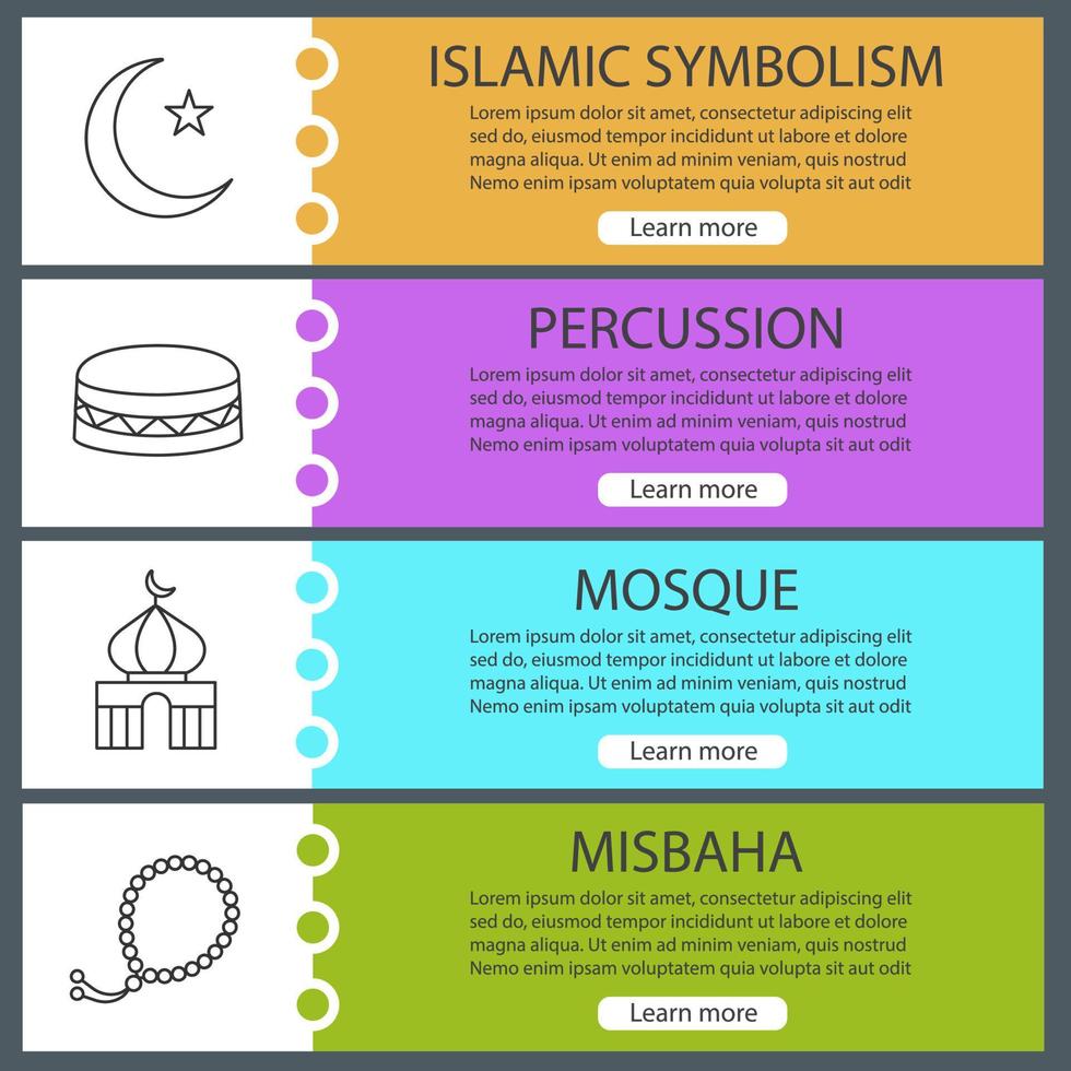 Islamic culture web banner templates set. Crescent moon and star, mosque, misbaha, daf. Website menu items with linear icons. Vector headers design concepts