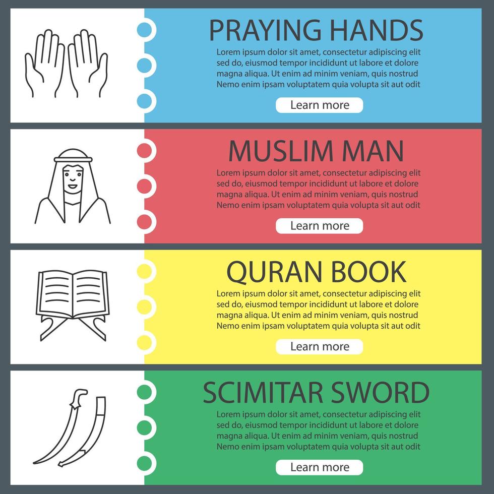 Islamic culture web banner templates set. Praying hands, muslim man, quran book, scimitar sword. Website menu items with linear icons. Vector headers design concepts