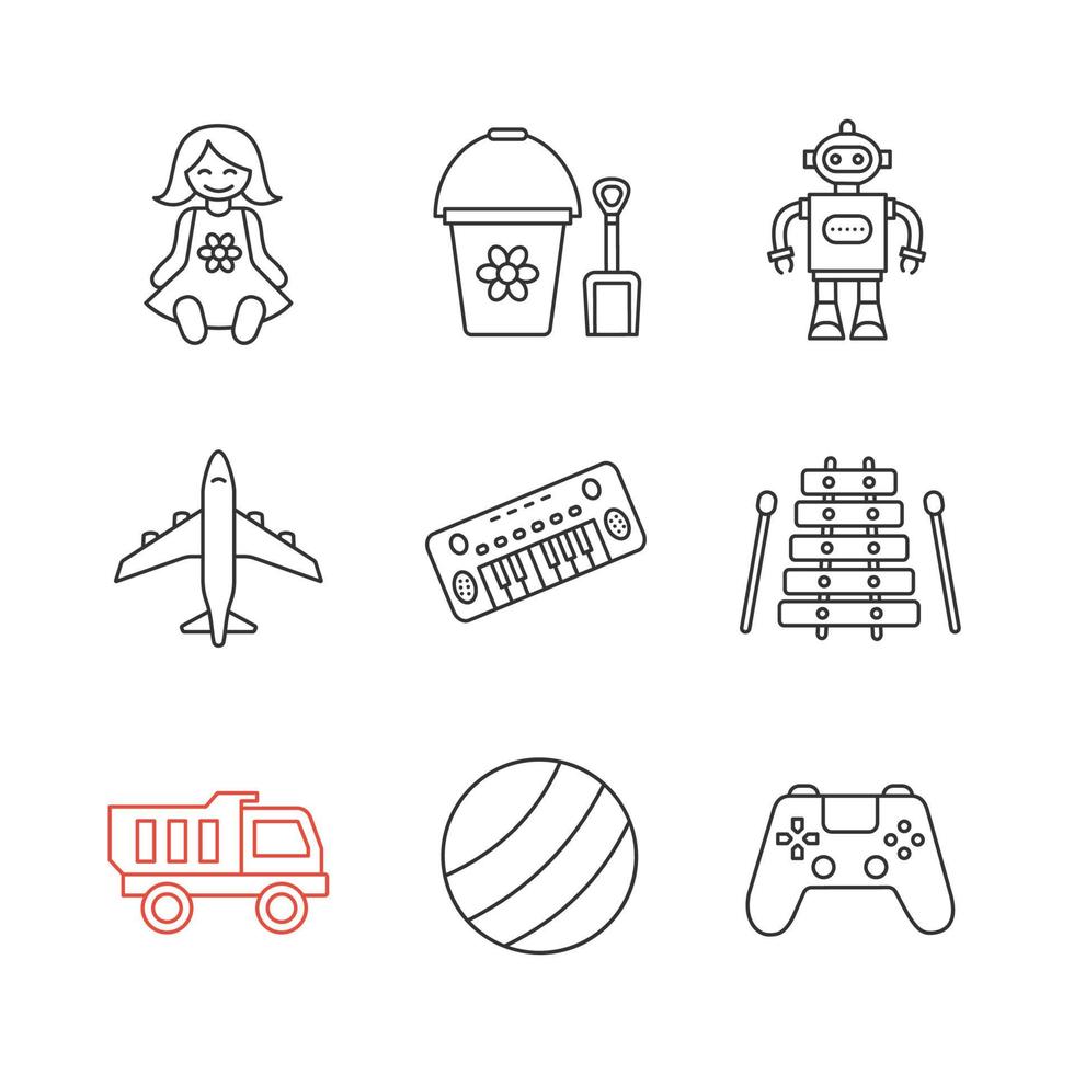 juguetes para niños conjunto de iconos lineales. muñeca, balde y pala, robot, avión, piano, xilófono, camión, pelota, gamepad. símbolos de contorno de línea fina. ilustraciones de contorno vectorial aislado vector