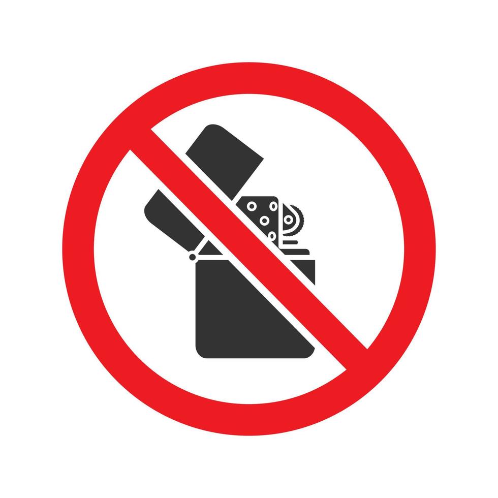 Forbidden sign with flip lighter glyph icon. Stop silhouette symbol. No smoking prohibition. Negative space. Vector isolated illustration