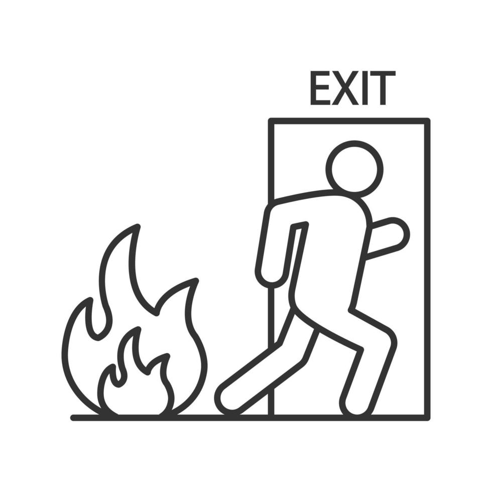 Fire emergency exit door with human linear icon. Evacuation plan. Thin line illustration. Contour symbol. Vector isolated outline drawing