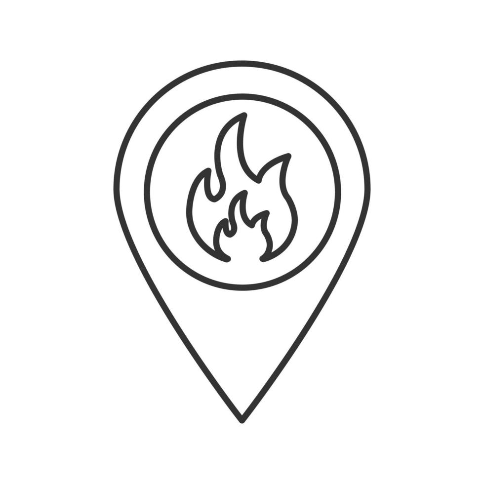 Fire location linear icon. Thin line illustration. Map pinpoint with flame inside. Contour symbol. Vector isolated outline drawing