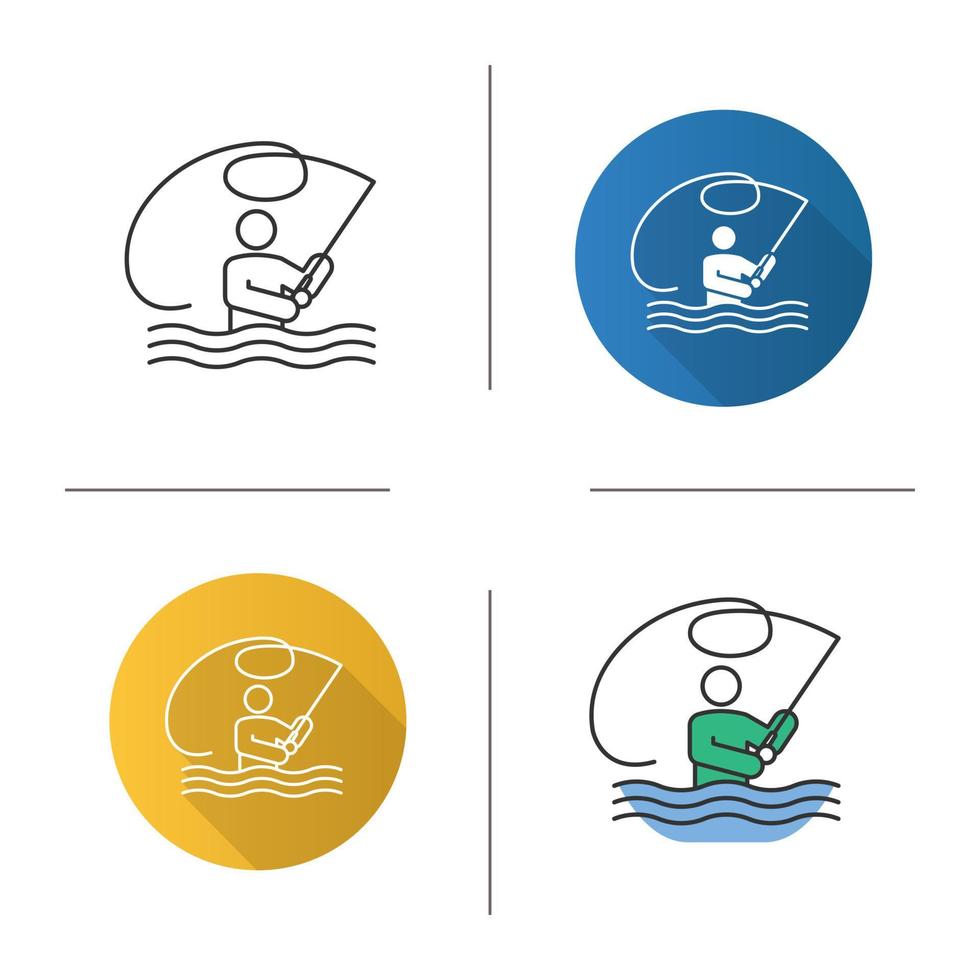Fly fishing icon. Flat design, linear and color styles. Fisherman. Man with fishing rod. Isolated vector illustrations
