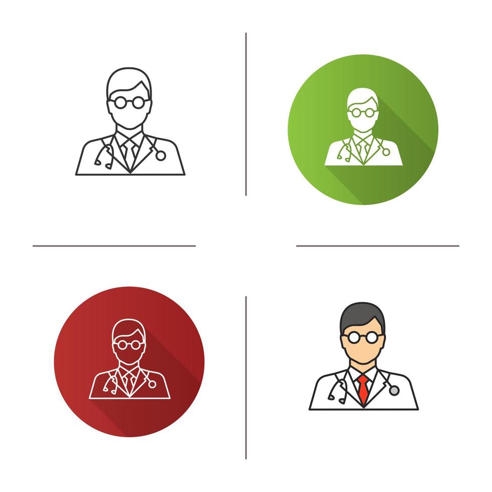 Doctor icon. Flat design, linear and color styles. Medical worker. Practitioner. Scientist. Isolated vector illustrations
