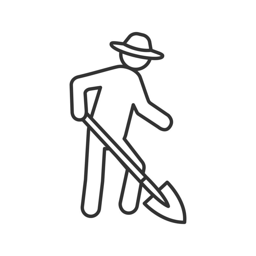 Farmer working with shovel linear icon. Agricultural worker. Thin line illustration. Contour symbol. Vector isolated outline drawing