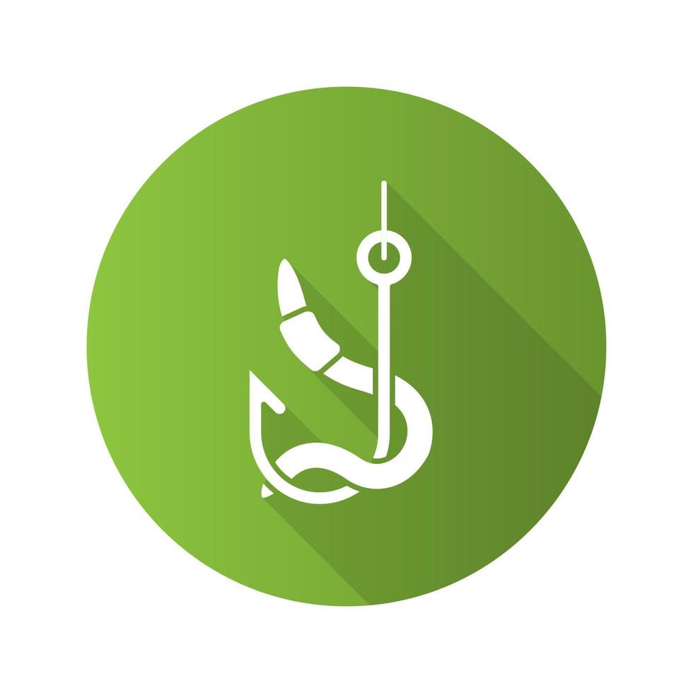 Worm on hook flat design long shadow glyph icon. Fishing live bait. Vector silhouette illustration