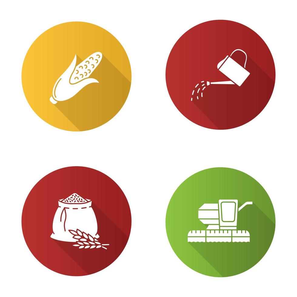 Agriculture flat design long shadow glyph icons set. Farming. Corn, watering can, flour bag, combine harvester. Vector silhouette illustration