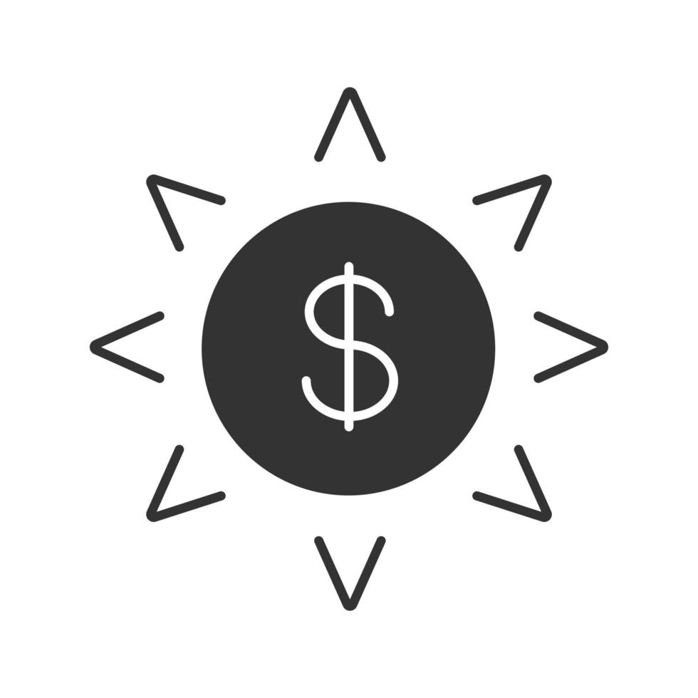 Sun with dollar sign glyph icon. Silhouette symbol. Using solar energy. Negative space. Vector isolated illustration