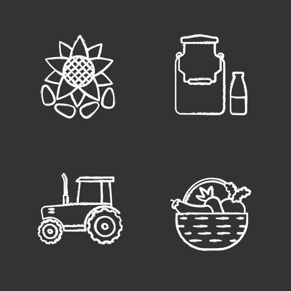Agriculture chalk icons set. Farming. Milk can and bottle, tractor, sunflower head with seeds, vegetables in basket. Isolated vector chalkboard illustration