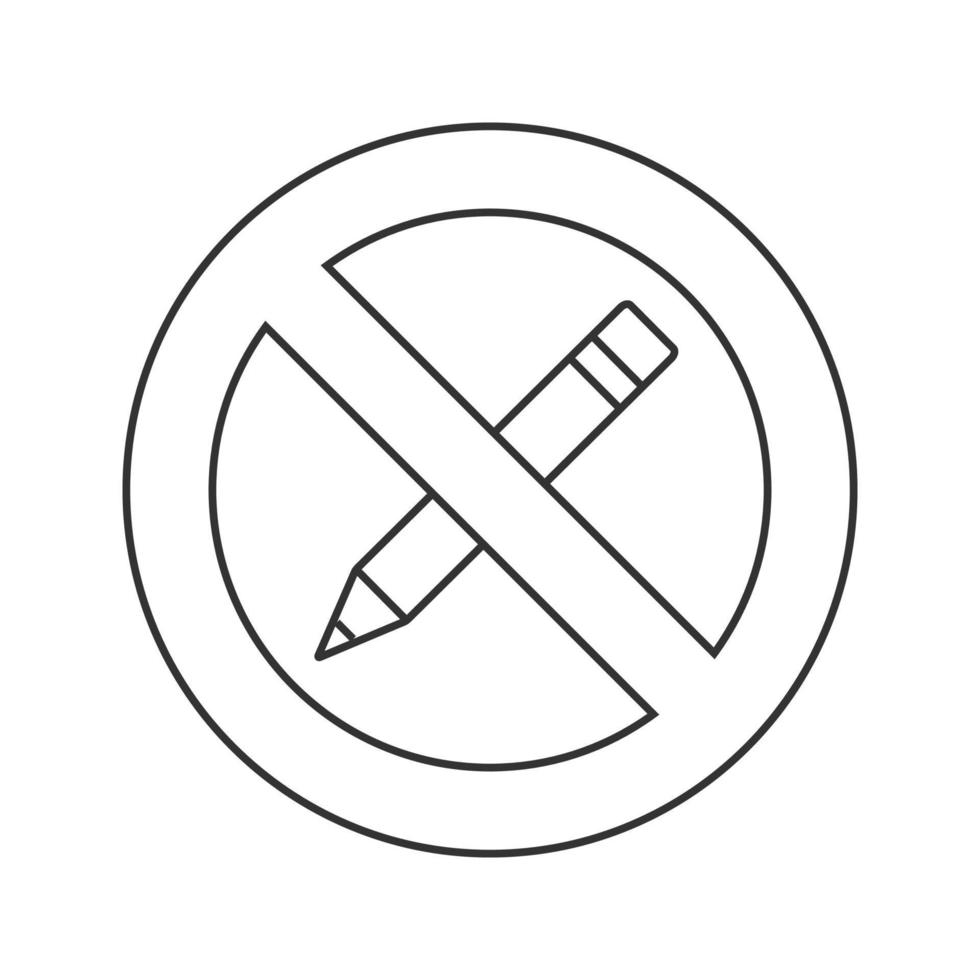 Forbidden sign with pencil linear icon. Do not write. No editing prohibition. Stop contour symbol. Thin line illustration. Vector isolated outline drawing