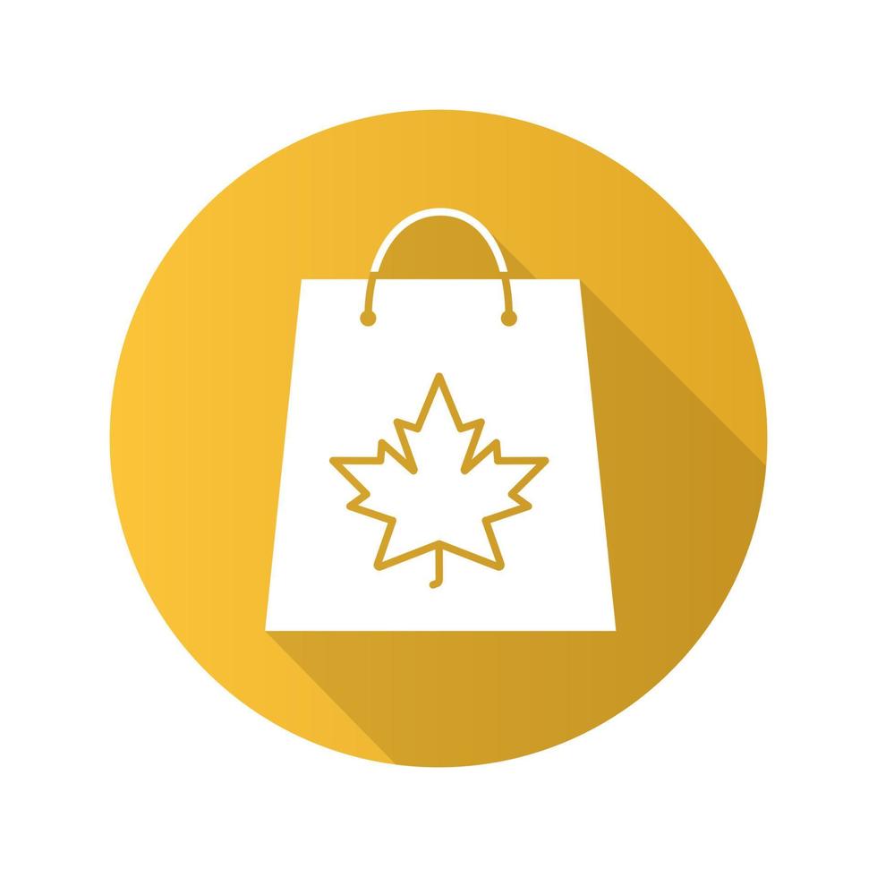 Autumn shopping flat design long shadow glyph icon. Shopping bag with maple leaf. Vector silhouette illustration