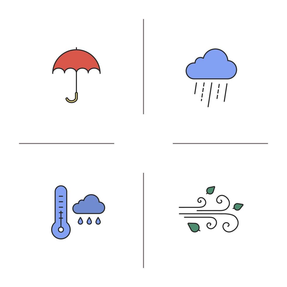 Autumn weather color icons set. Rainy cloud with thermometer, umbrella, wind blowing. Isolated vector illustrations