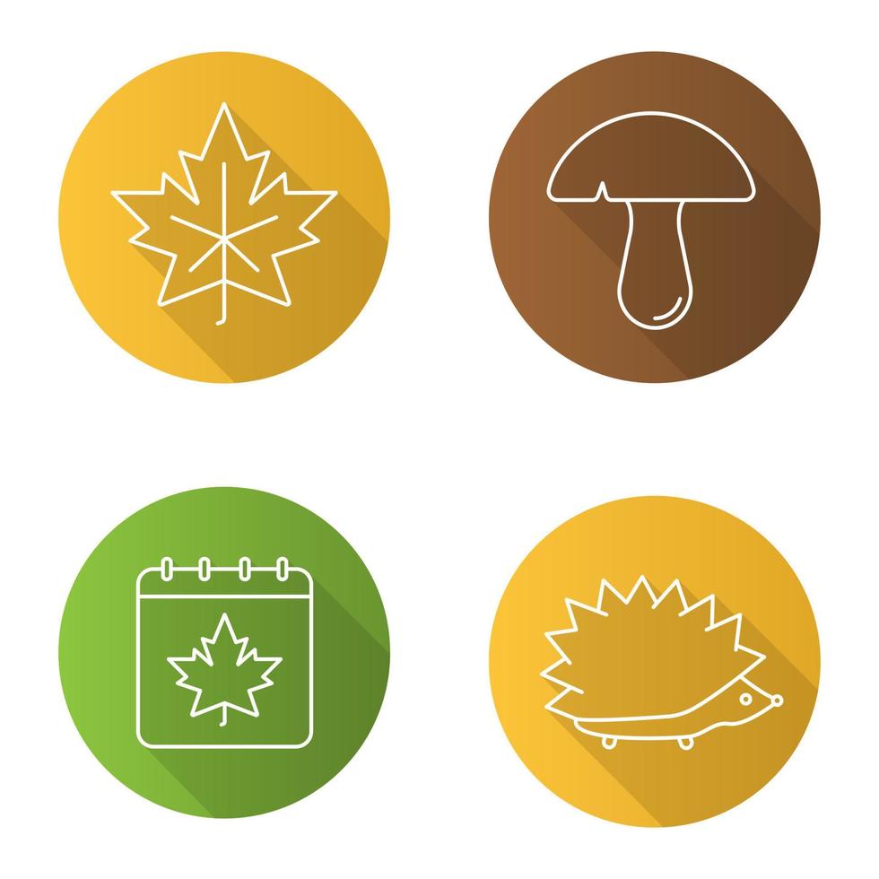 Autumn season flat linear long shadow icons set. Maple leaf, mushroom, hedgehog, autumn calendar. Vector outline illustration