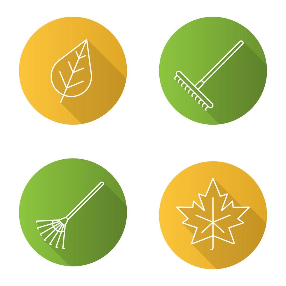 Autumn flat linear long shadow icons set. Rakes, leaves. Vector outline illustration