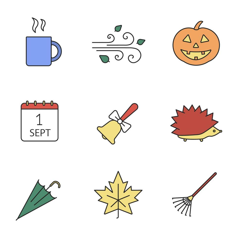 Autumn season color icons set. Hot drink mug, pumpkin, wind blowing, school bell, hedgehog, umbrella, maple leaf, rake, September 1 calendar. Isolated vector illustrations