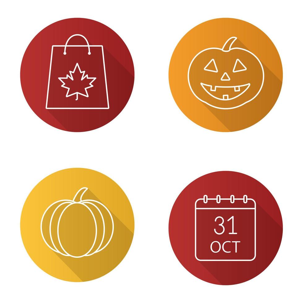 Halloween flat linear long shadow icons set. Pumpkins, October 31 date, shopping bag with maple leaf. Vector outline illustration