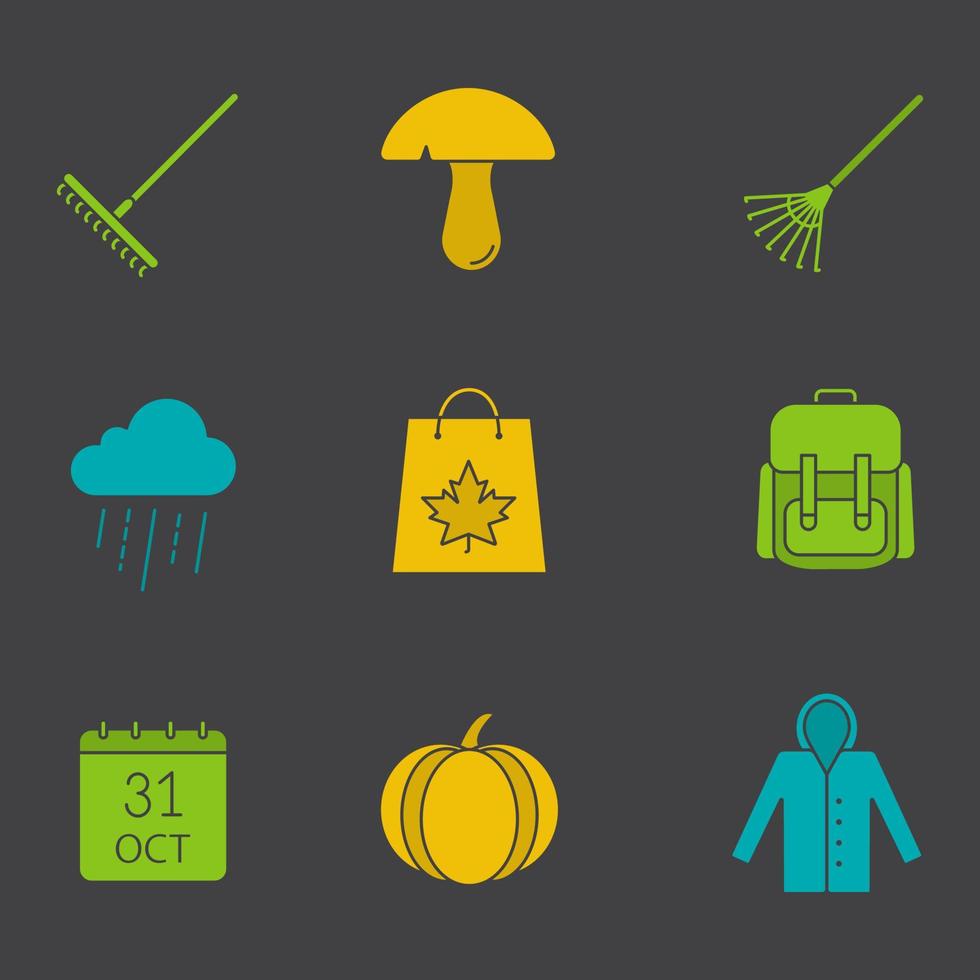 Autumn season glyph color icon set. Silhouette symbols on black backgrounds. Rake, mushroom, rainy cloud, October 31 calendar, pumpkin, raincoat, autumn shopping. Negative space. Vector illustrations