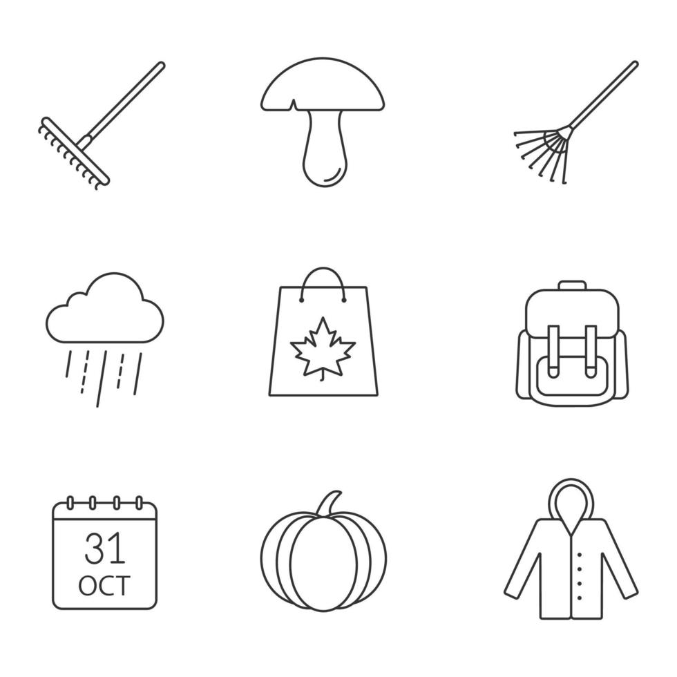 Autumn season linear icons set. Rake, mushroom, rainy cloud, backpack, October 31 calendar, pumpkin, raincoat, autumn shopping. Thin line contour symbols. Isolated vector outline illustrations