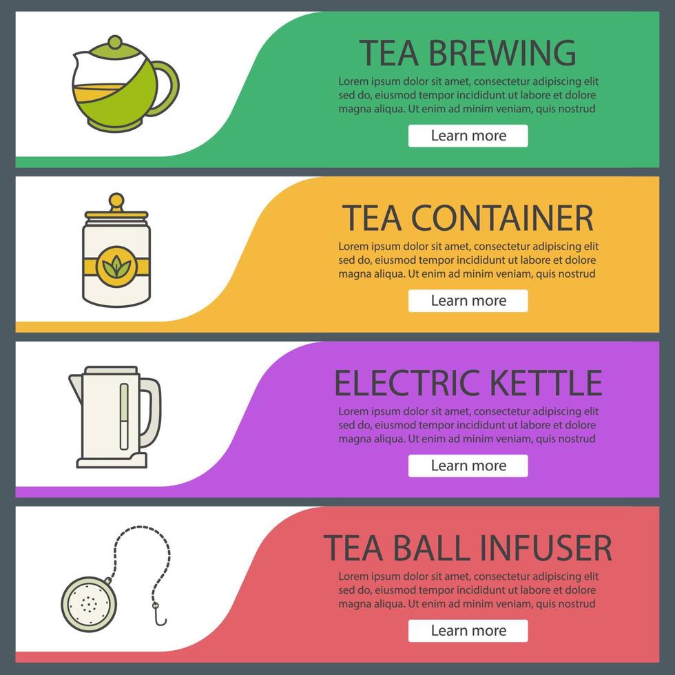 conjunto de plantillas de banner web de té. hervidor eléctrico, recipiente, tetera, infusor de bolas. elementos del menú de color del sitio web. conceptos de diseño de encabezados vectoriales vector