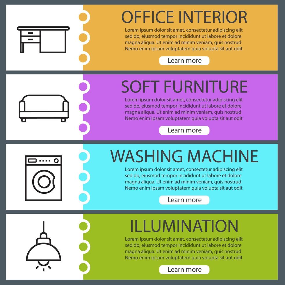 Furniture web banner templates set. Writing desk, sofa, washing machine, ceiling lamp. Website color menu items with linear icons. Vector headers design concepts