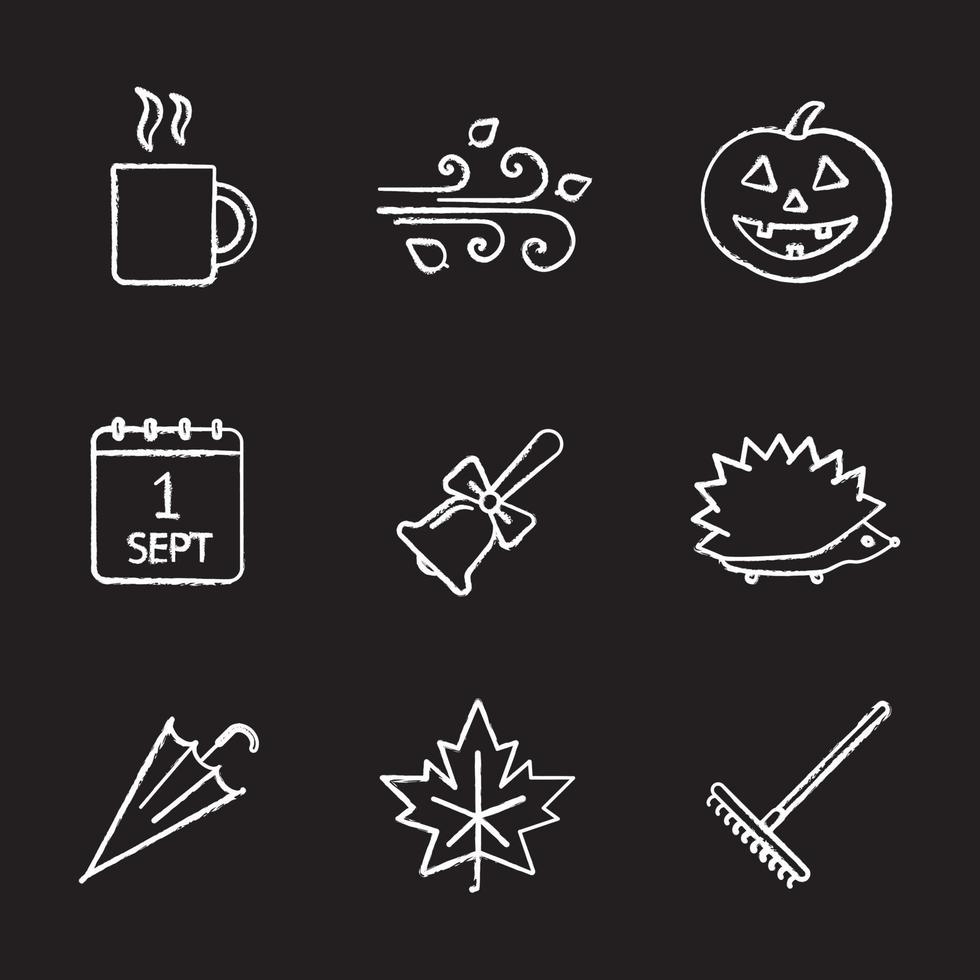 Autumn season chalk icons set. Hot drink mug, pumpkin, wind blowing, school bell, hedgehog, umbrella, maple leaf. Isolated vector chalkboard illustrations